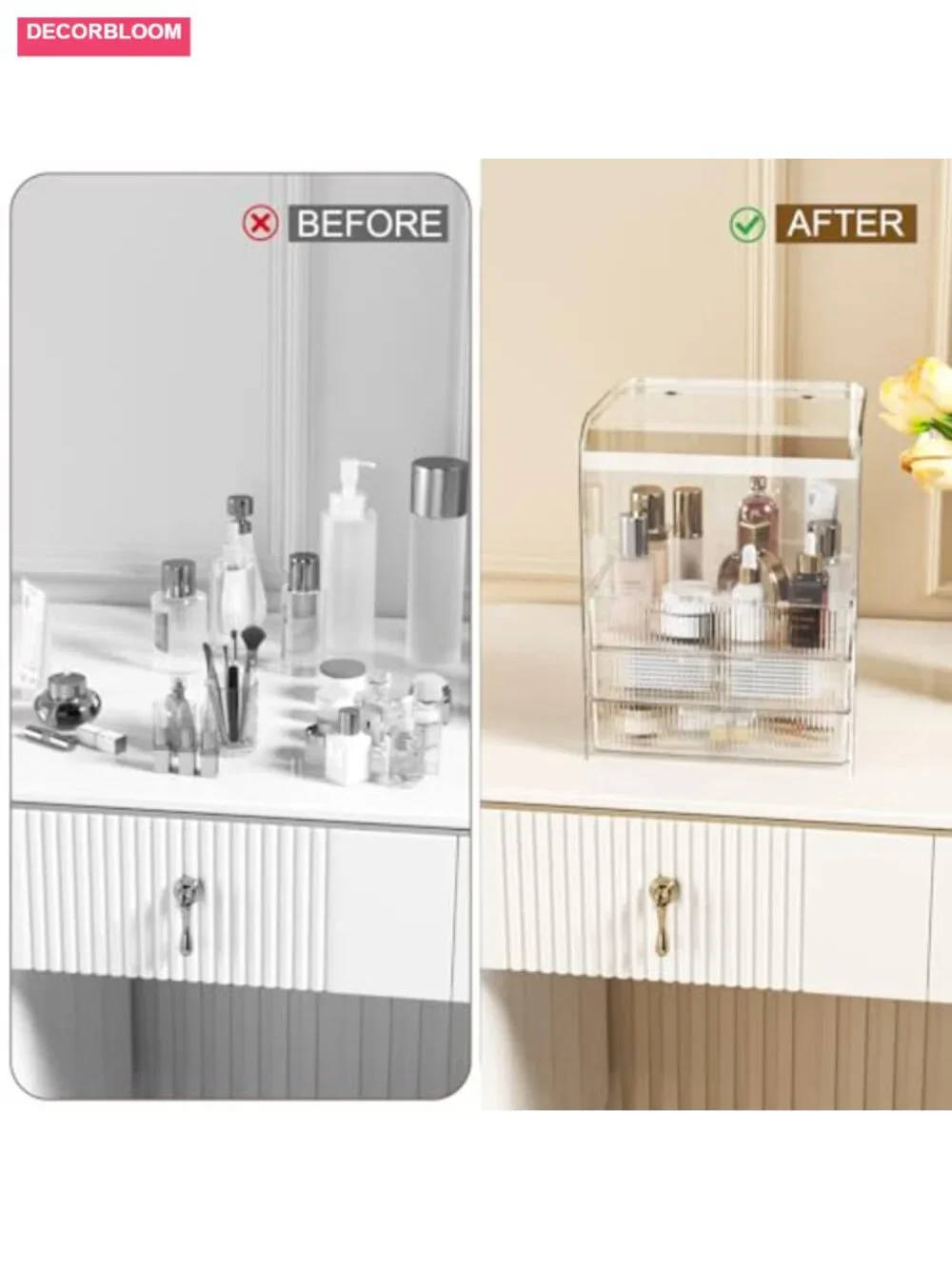 3 Tier Clear Acrylic Makeup Cosmetic Organizer with Lid & Drawers - Countertop